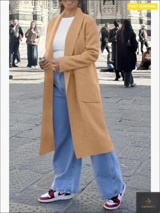 Classic Pea Coat Open Front Lapel Long Trench Loose Fit Winter Outwear - Picture 6 of 7